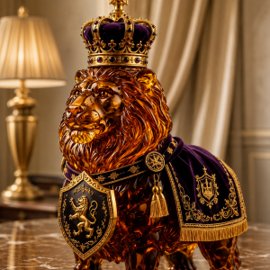Crowned Lion Whiskey Decanter - Luxury Amber Crystal Lion Decanter