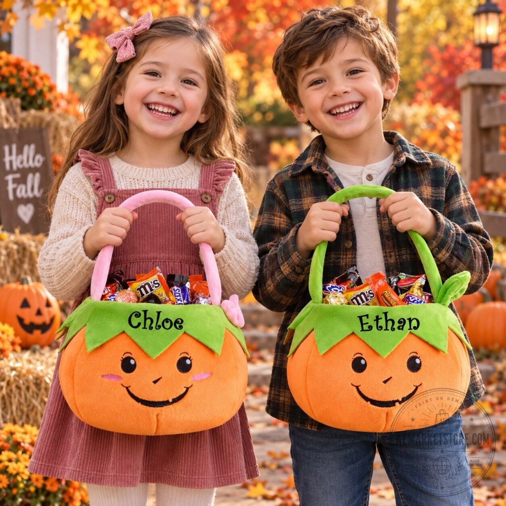 Personalized Plush Pumpkin Halloween Trick or Treat Candy Basket