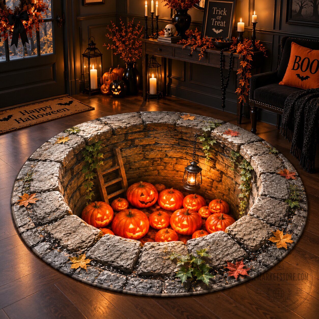 Halloween 3D Stone Well Round Area Rug Spooky Pumpkin Floor Mat Home Decor