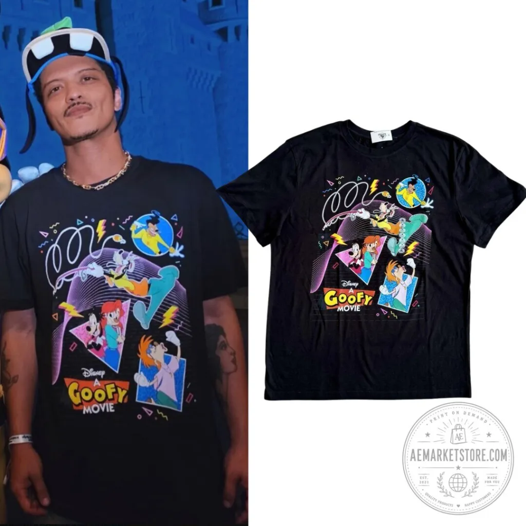 Bruno Mars Wearing Disney A Goofy Movie Black Graphic T Shirt