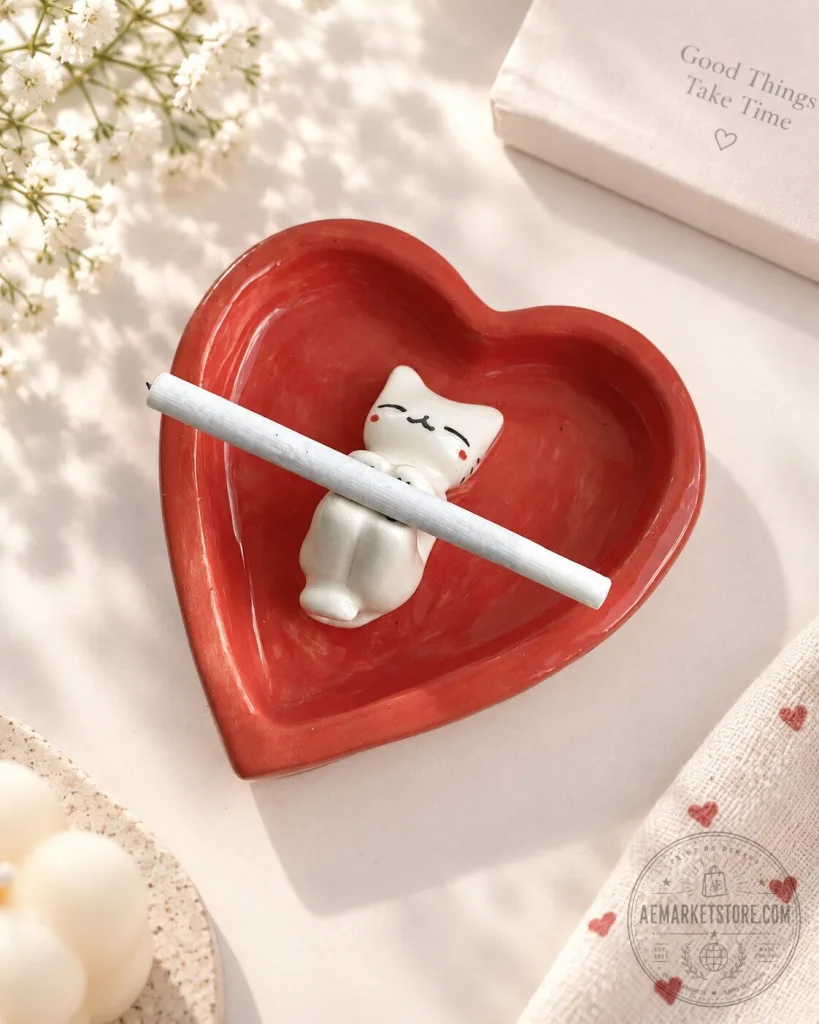 Cute Cat Red Heart Ceramic Ashtray Trinket Dish