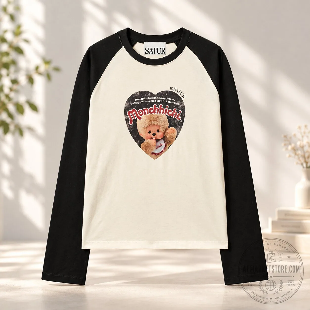 "Exclusive Funko Pop, SATUR Monchhichi Clothing, and Collectibles for 2024" 3 SATUR x Monchhichi Raglan Long Sleeve T Shirt Black White Heart