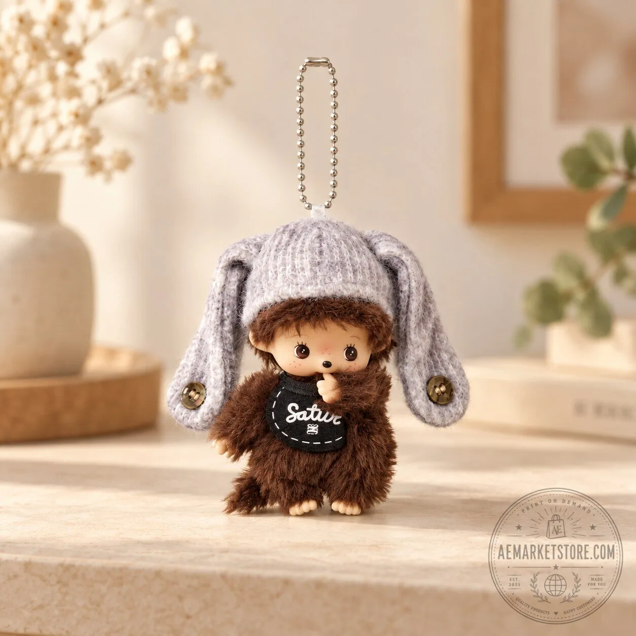 SATUR x Monchhichi Plush Keychain Cute Bunny Ear Beanie Hat