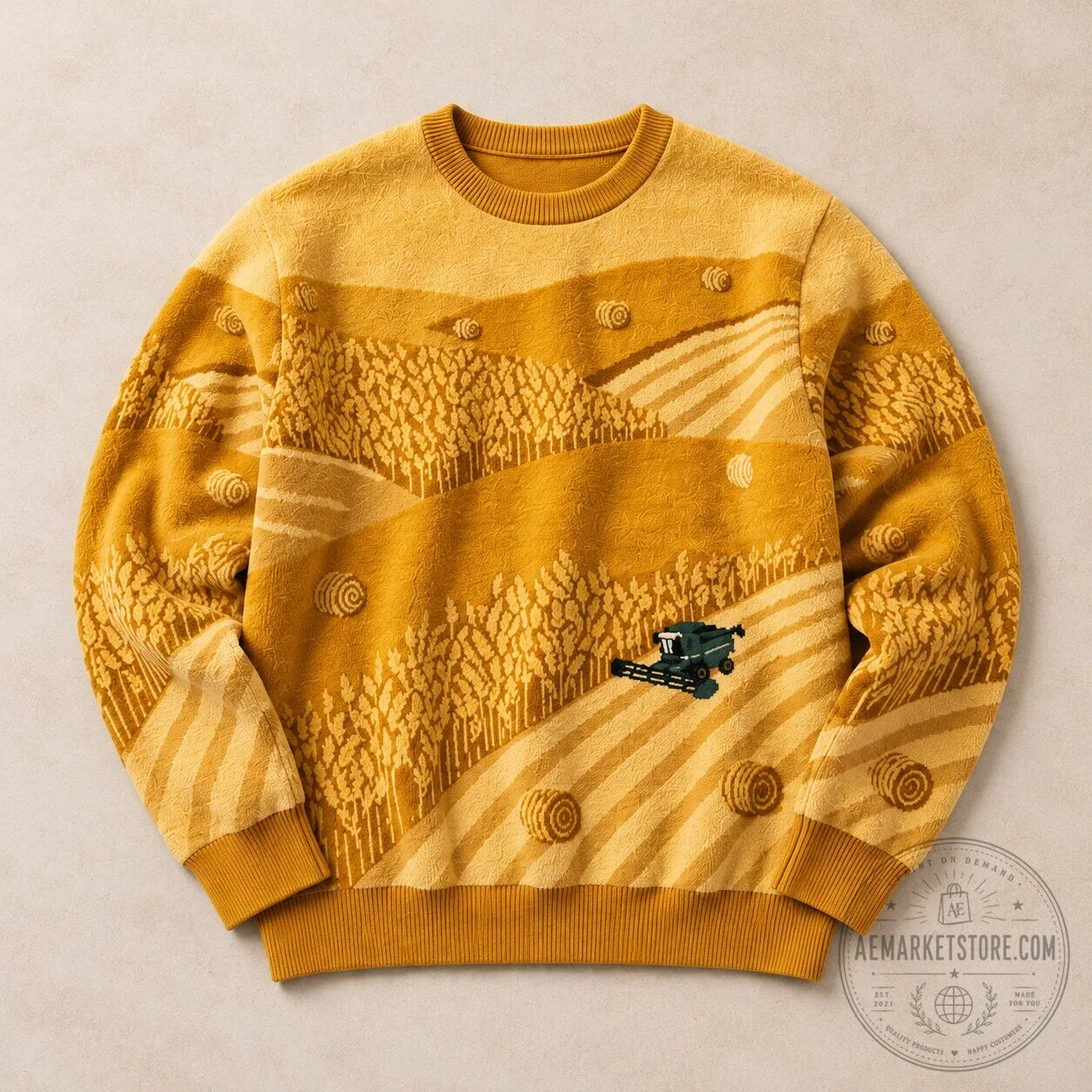 Wheat Sweater Yellow Farm Harvest Combine Tractor Knit Pullover