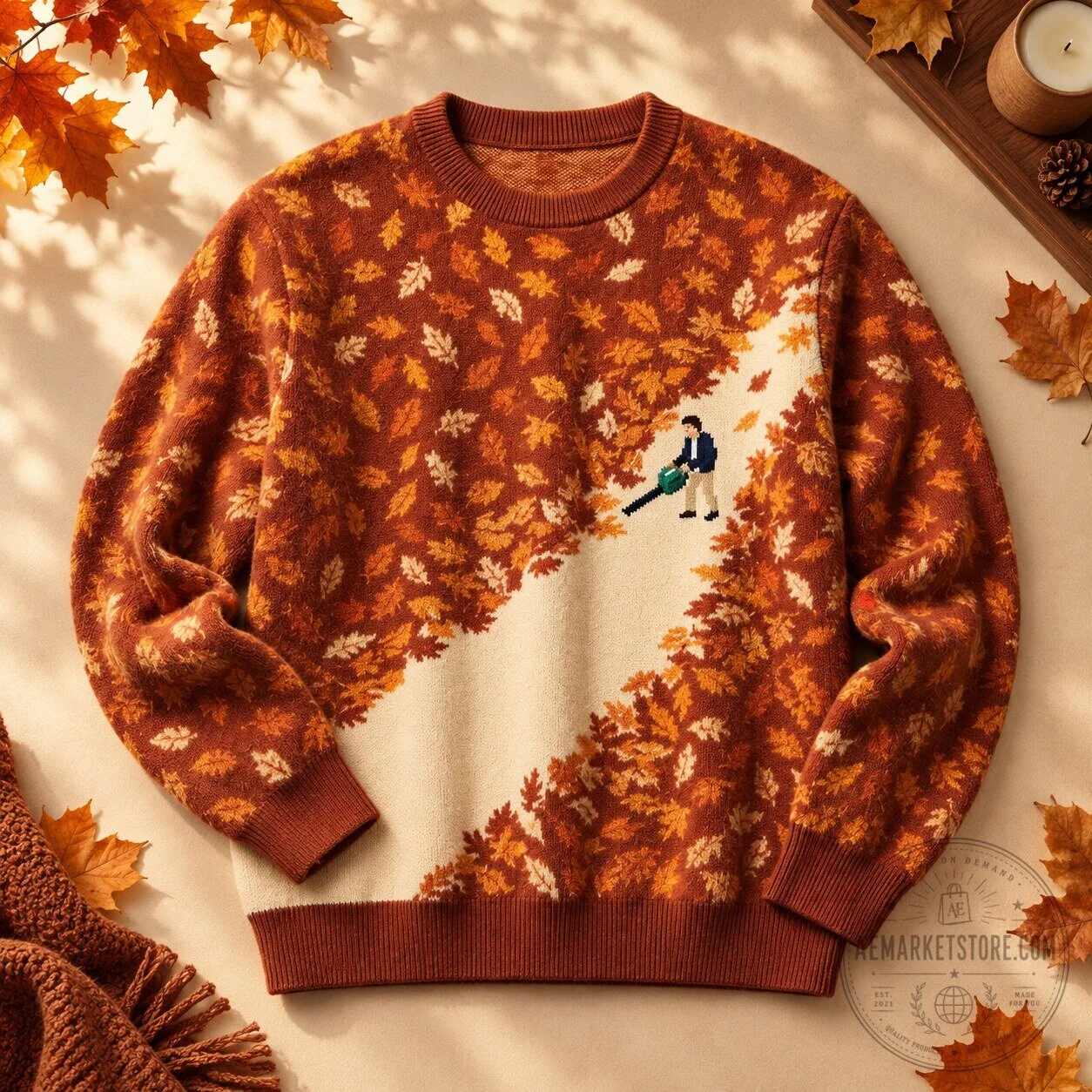Fall Sweater Leaves Blower Autumn Landscape Knit Pullover Apparel