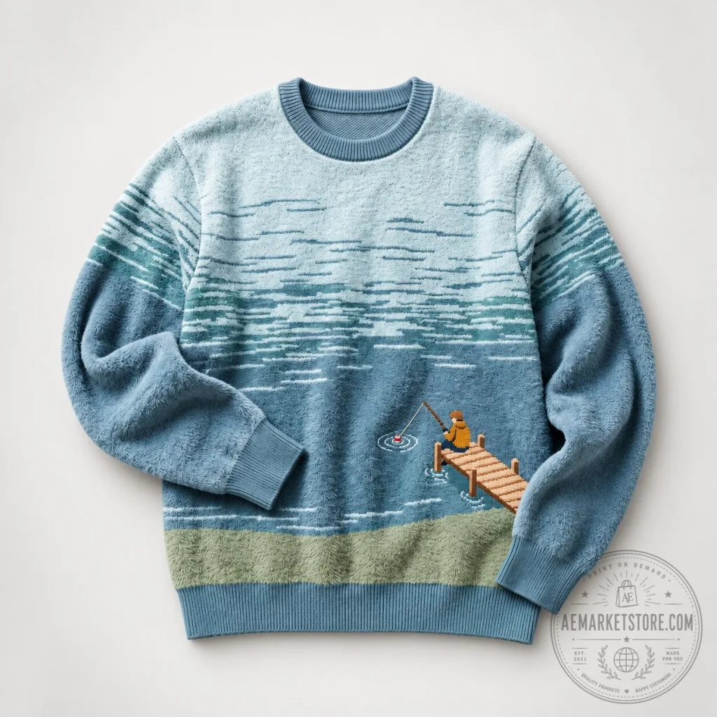 "Unique Apparel: Scenic Fishing Sweater to Oktoberfest Hockey Jersey" 6 Fishing Sweater with Scenic Lake and Fisherman Design