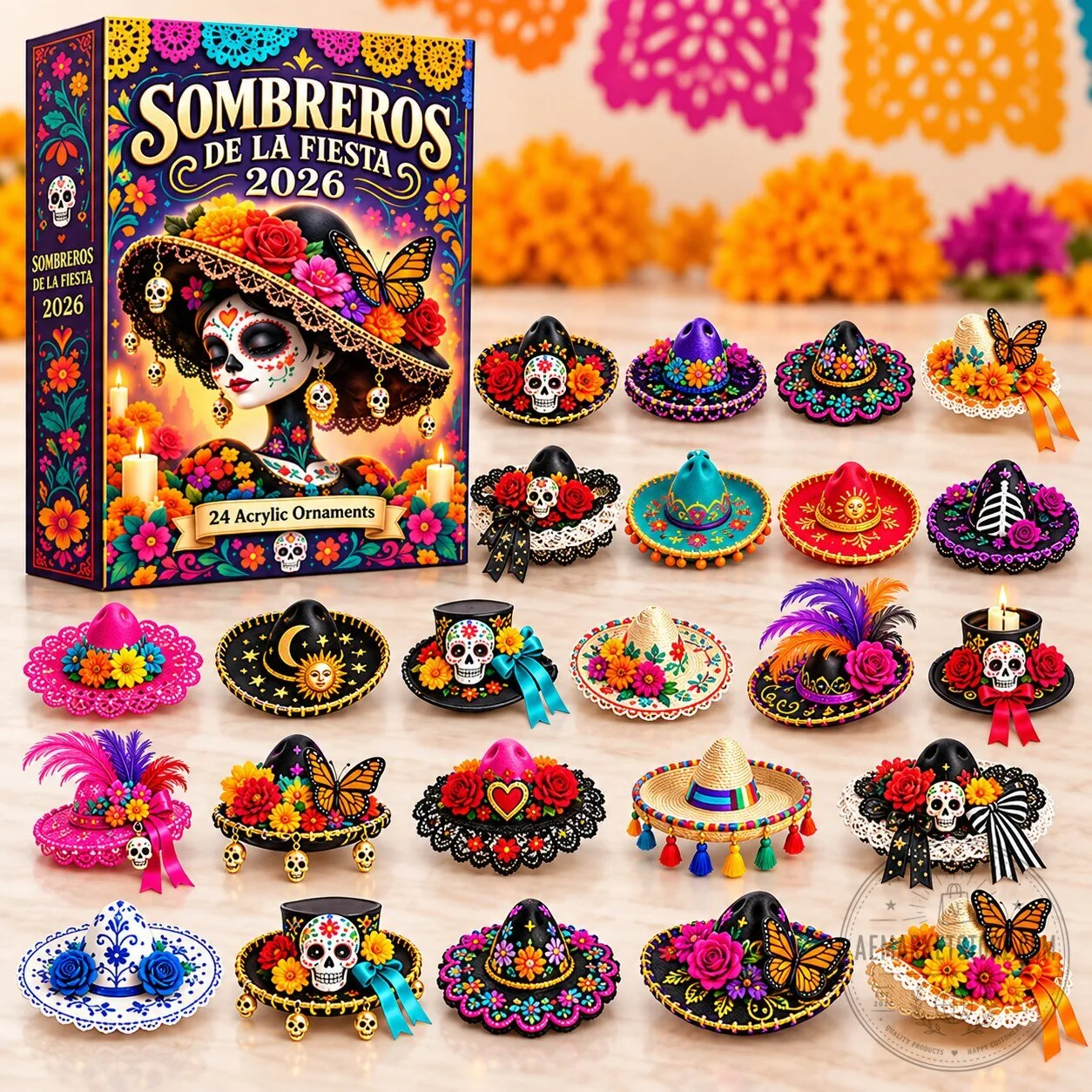 Sombreros de la Fiesta Advent Calendar 24 Colorful Day of the Dead Hat Ornaments