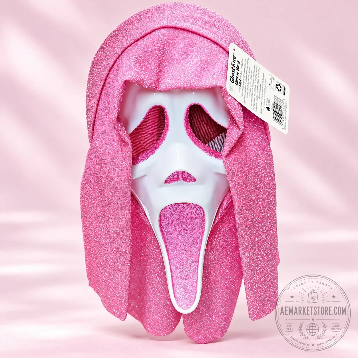 Pink Glitter Ghost Face Mask With Glitter Hood Halloween Scream