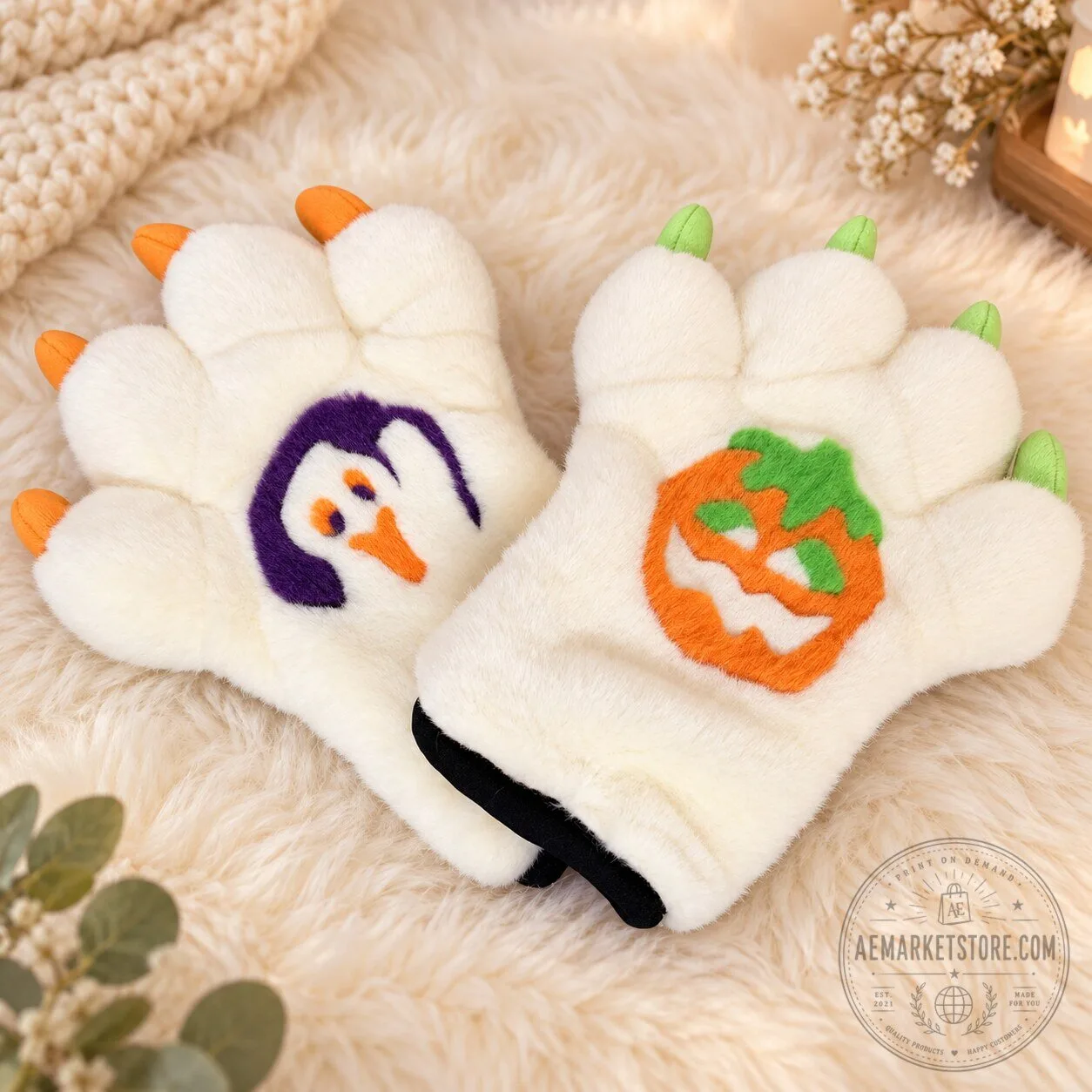 Halloween Fuzzy Paw Gloves with Pumpkin Design Cozy Plush Fingerless Mittens