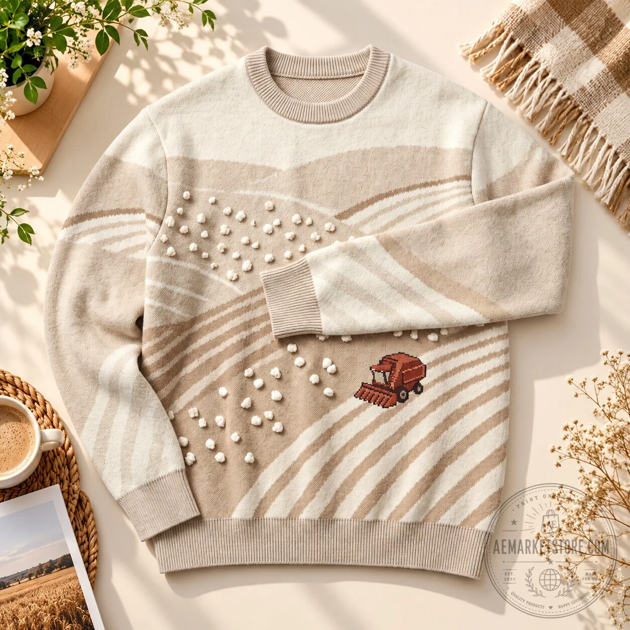Cotton Field Harvester Knitted Beige Cotton Sweater