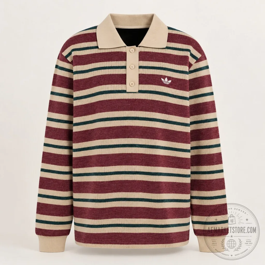 Adidas Long Sleeve Stripe Knitted Polo Top Burgundy Green Beige Adidas Long Sleeve Stripe Knitted Polo Top Burgundy Green Beige