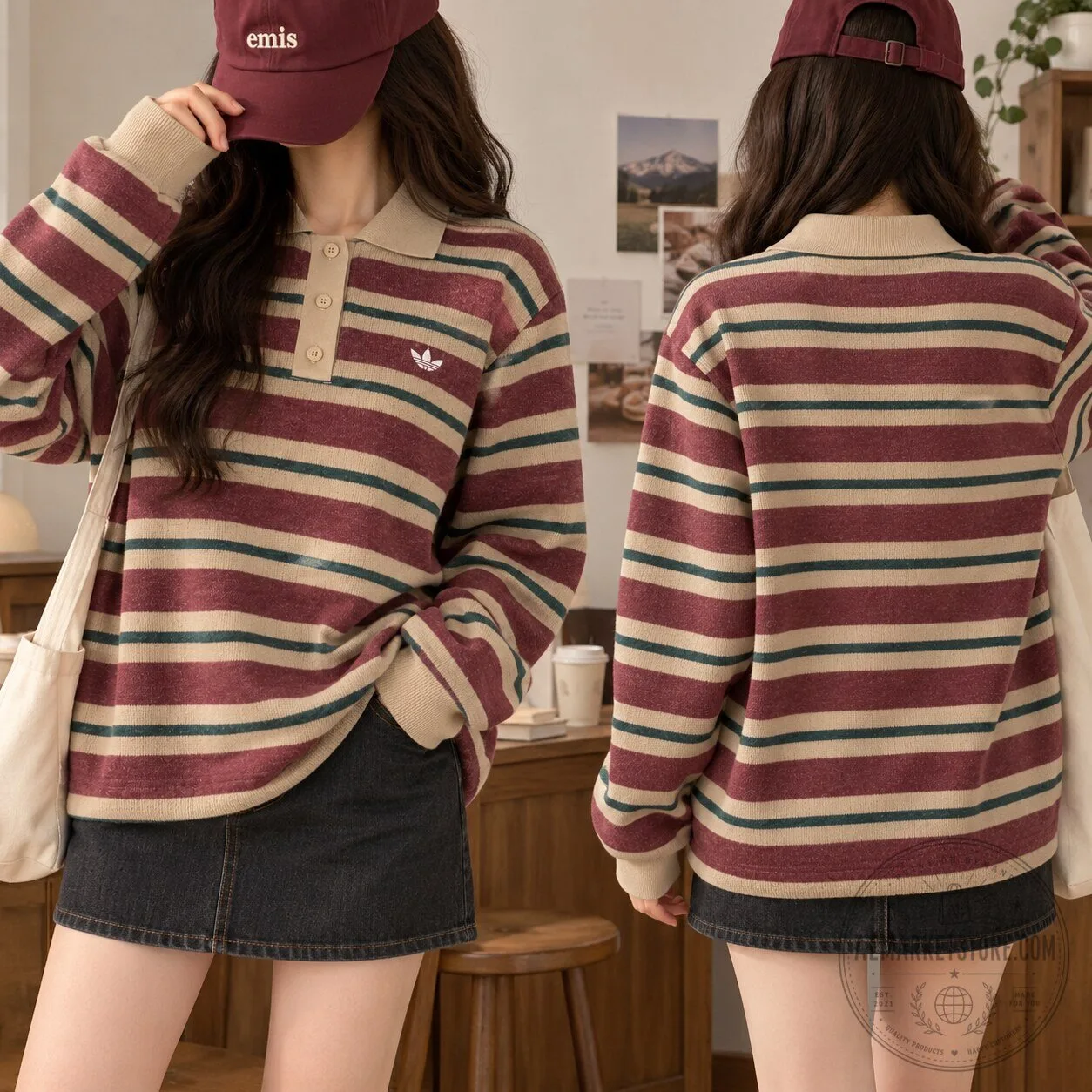 Adidas Long Sleeve Stripe Knitted Polo Top Burgundy Green Beige 9 Adidas Long Sleeve Stripe Knitted Polo Top Burgundy Green Beige