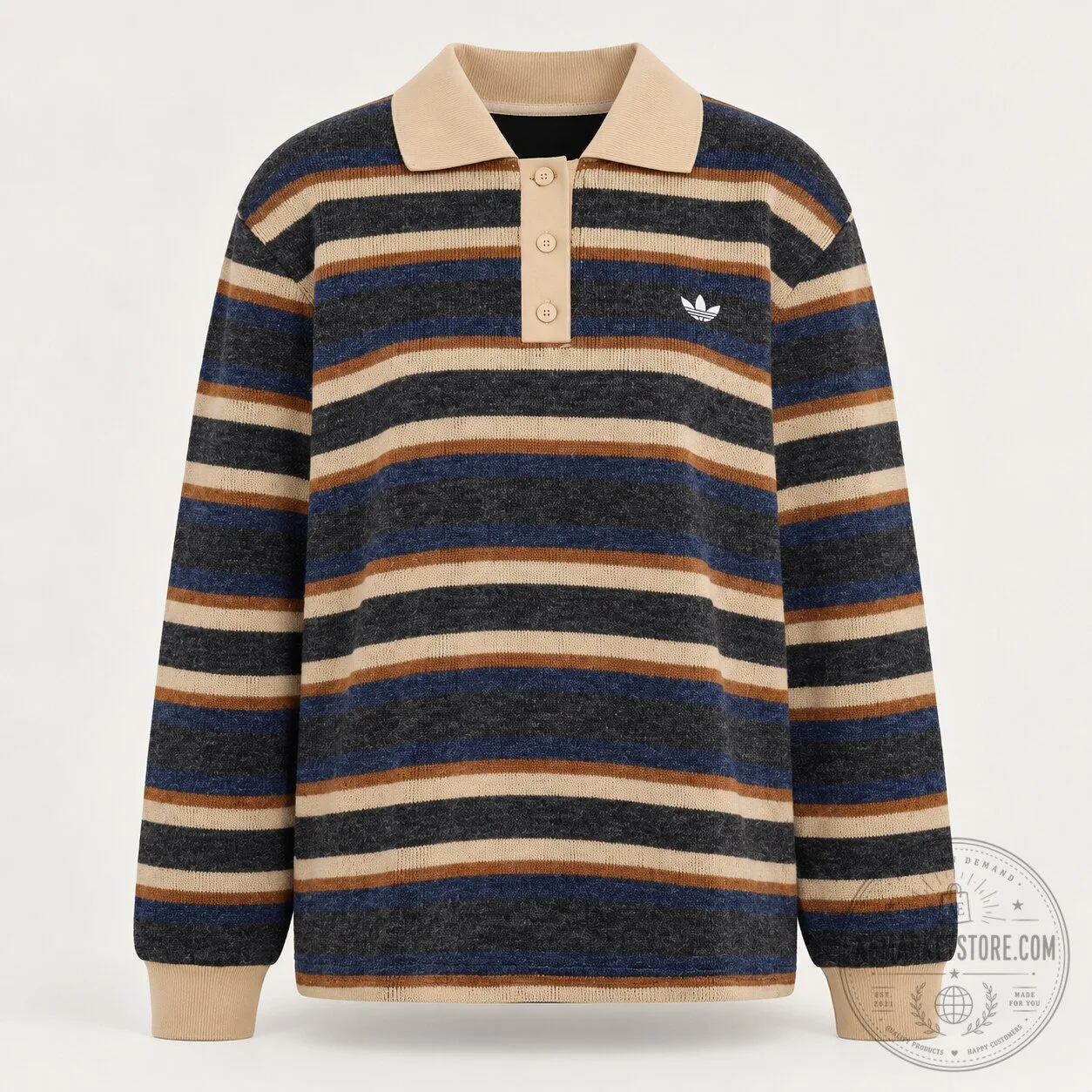 Adidas Long Sleeve Stripe Knitted Polo Top Navy Grey Brown