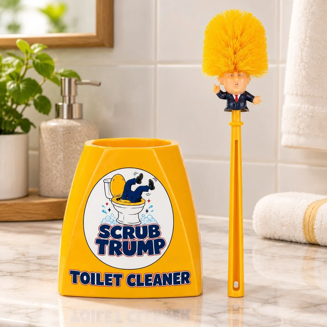 ScrubTrump Toilet Bowl Brush Funny Donald Trump Toilet Cleaner Brush Holder Set
