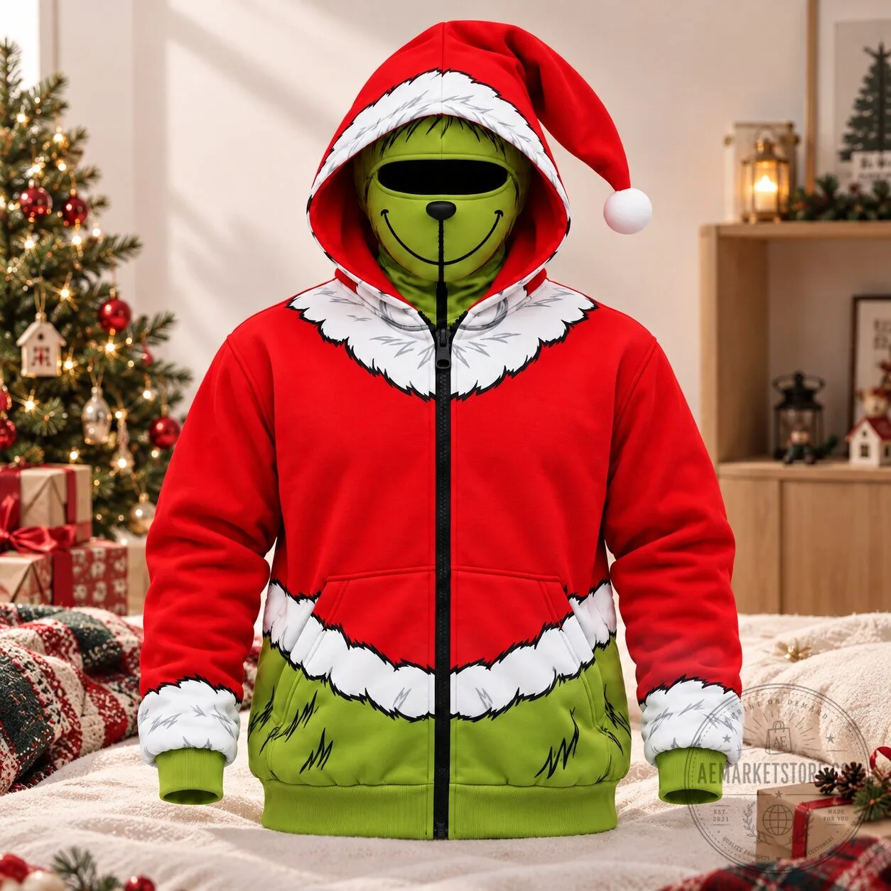 GrinchHoodMas – The Green Christmas Mask Zip Up Hoodie Funny Xmas Cosplay Jacket