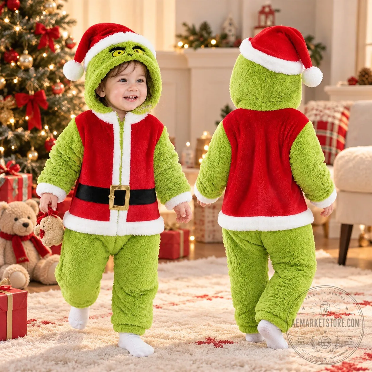 Grinzy Baby Christmas Suit Cute Fleece Hooded Romper Jumpsuit Outfit