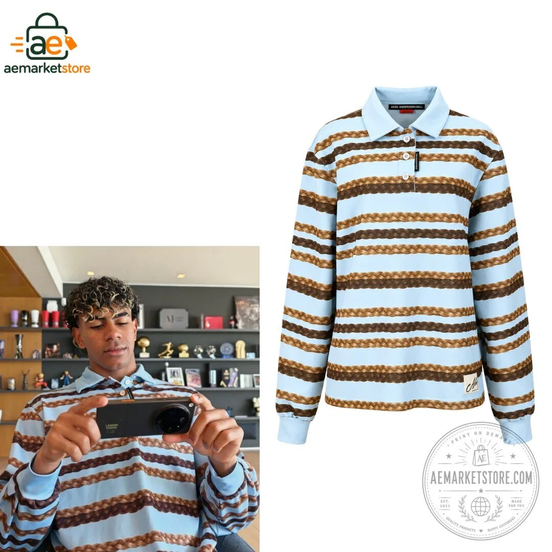 Lamine Yamal Hair Braid Stripe Collar Long Sleeve Polo Shirt